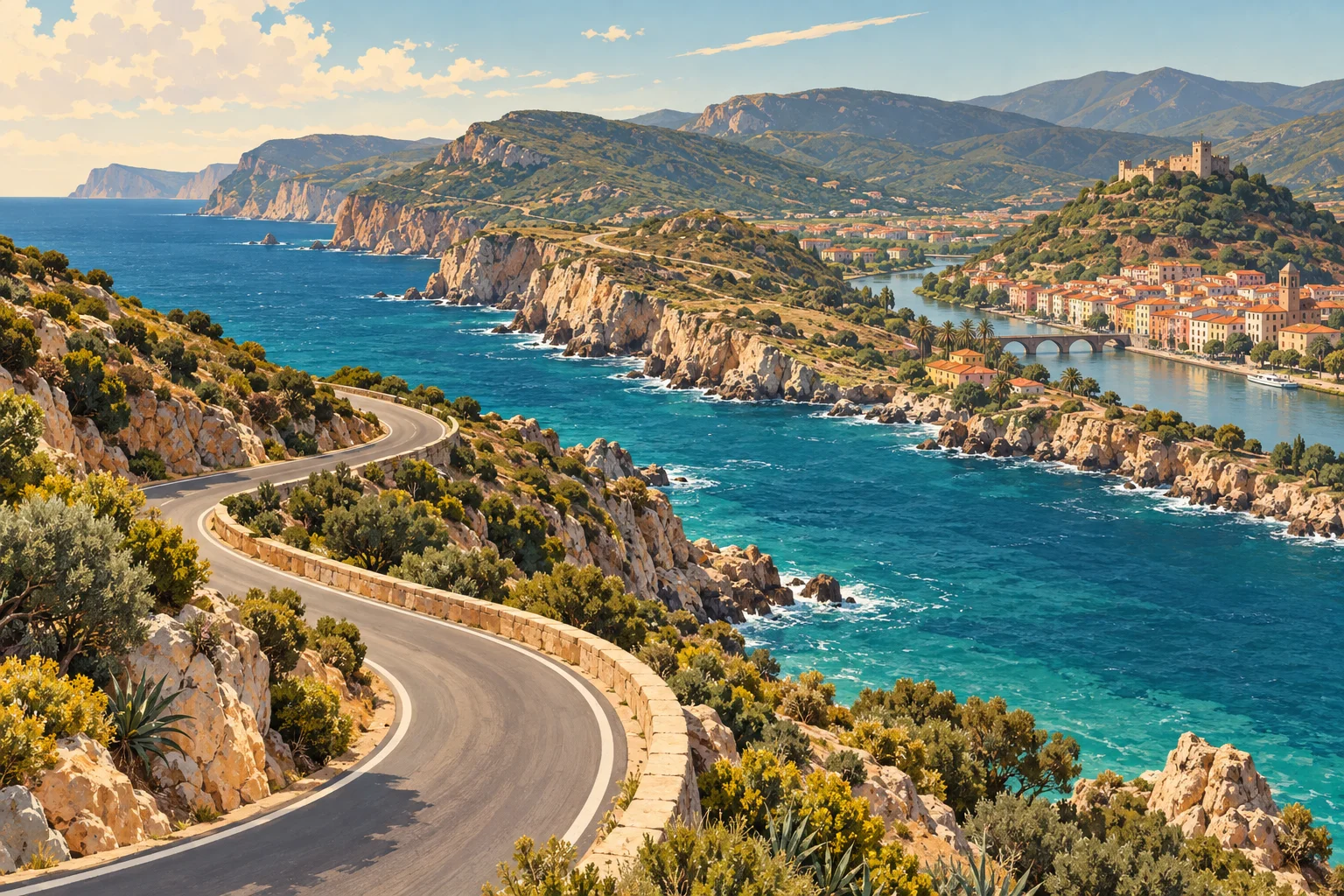 From Alghero to Bosa: the scenic coastal road — editorial illustration